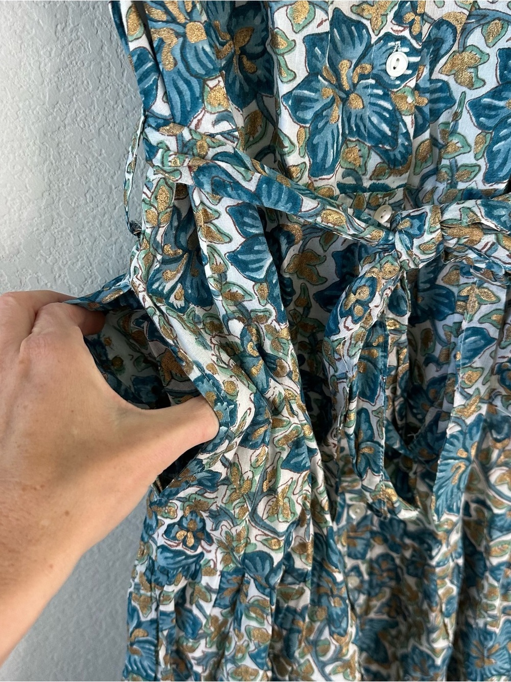 OLIPHANT RUFFLE COLLAR BUTTON MAXI FLORAL DRESS IVY BLUE/GOLD SZ XL - Picture 3 of 8
